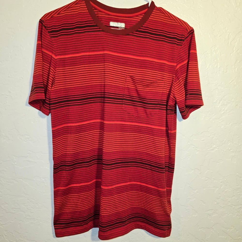Marmot T-Shirt Small Mens Red Striped Pocket Short Sleeve Performance Tee